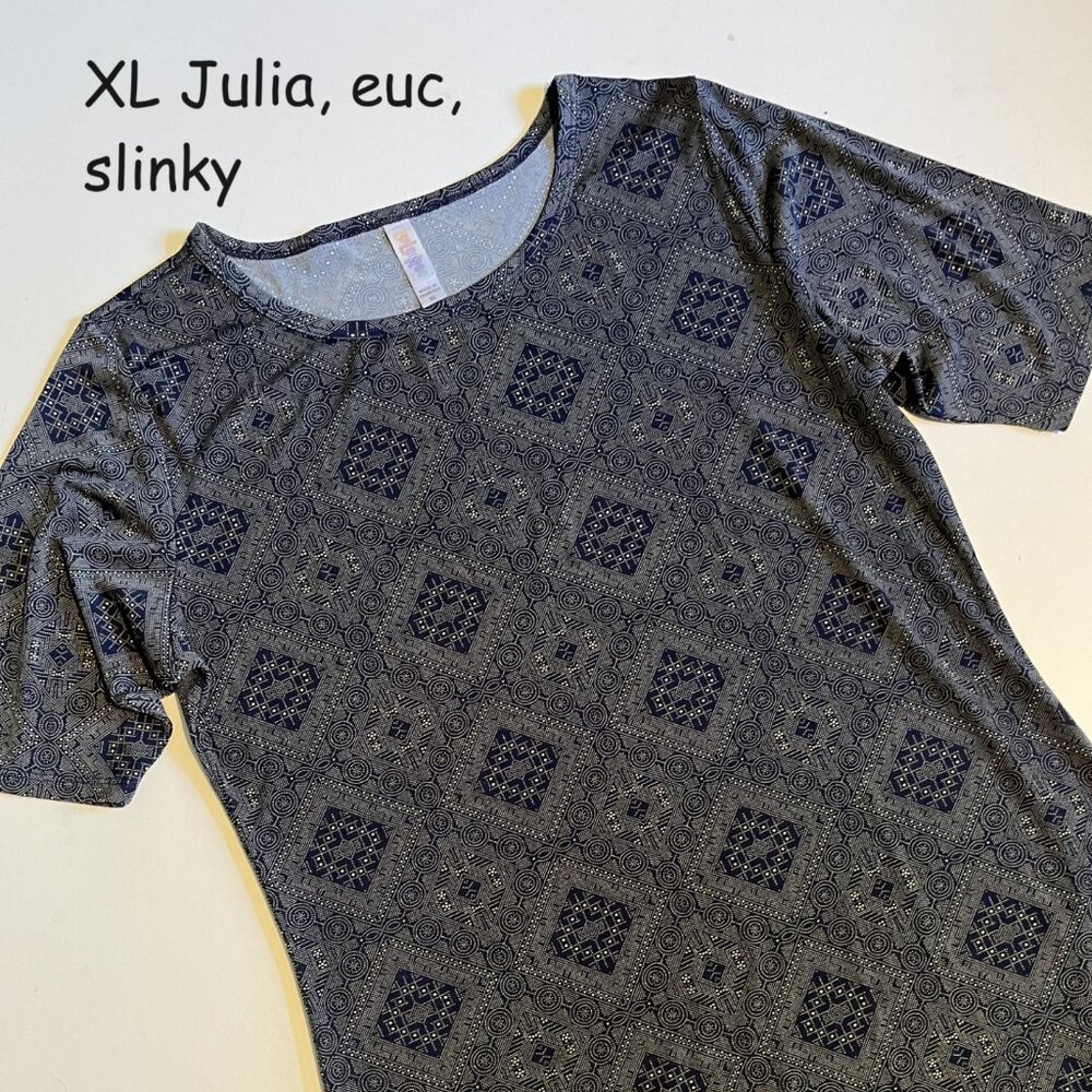 XL Lularoe Julia sheath dress, slinky blue filigree